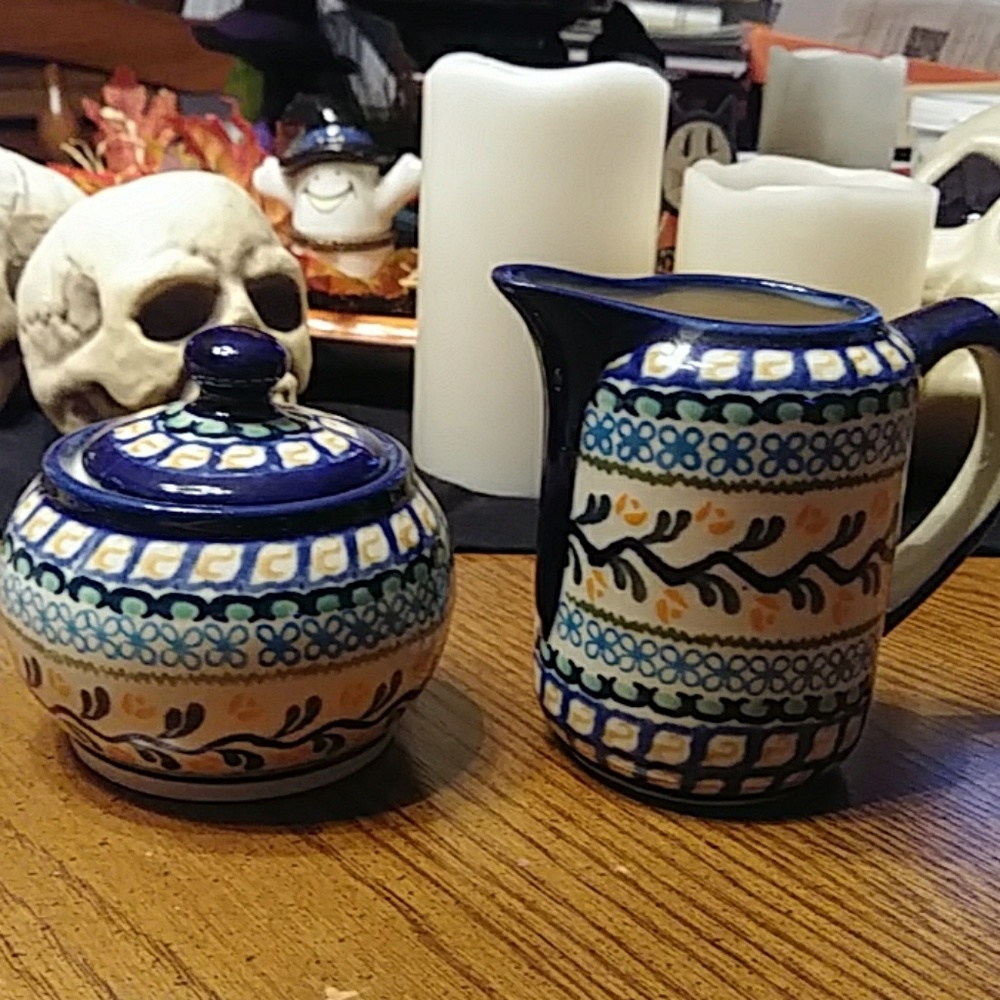 Auth Polish pottery cream/sugar bowl exc